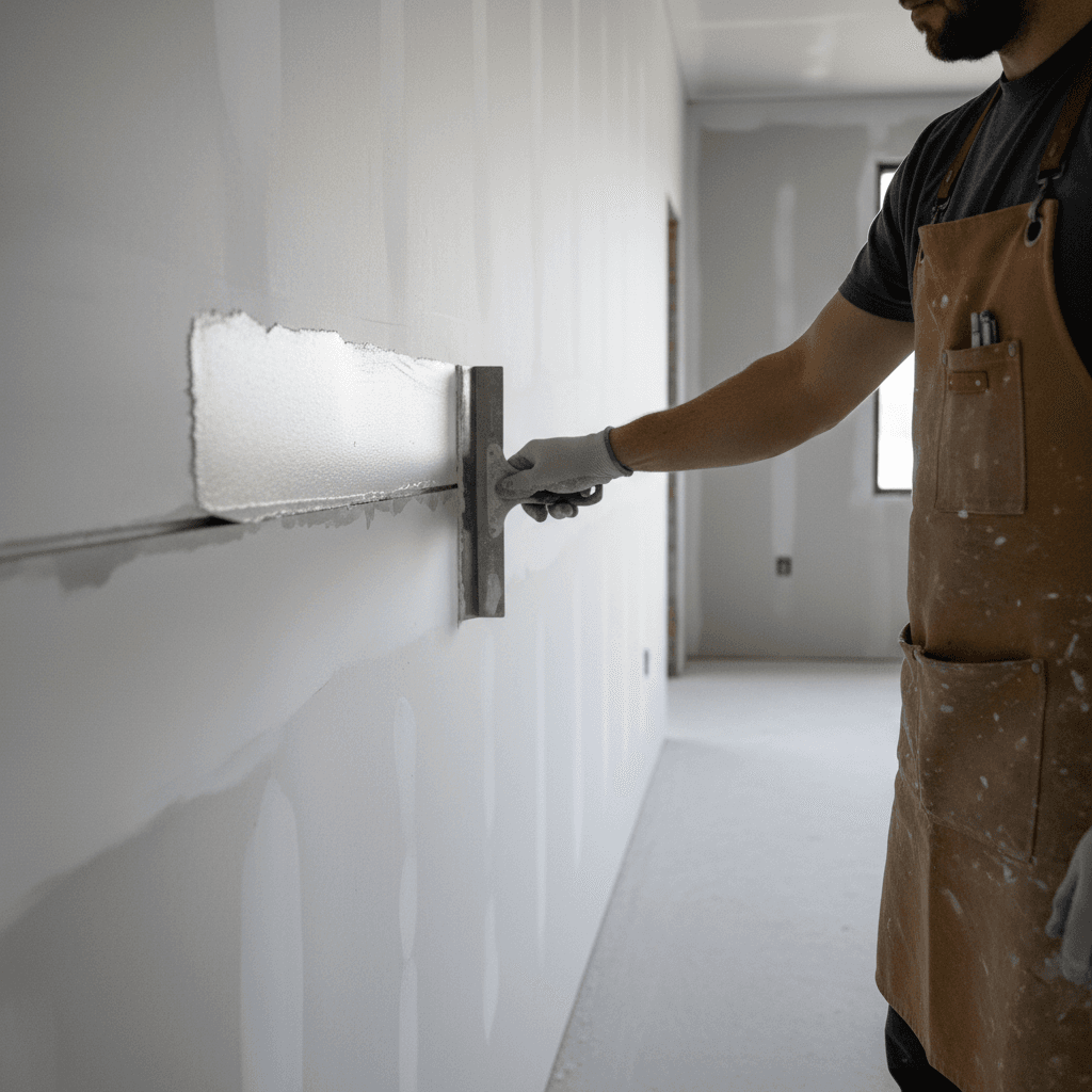 Drywall repair in progress with taping knife