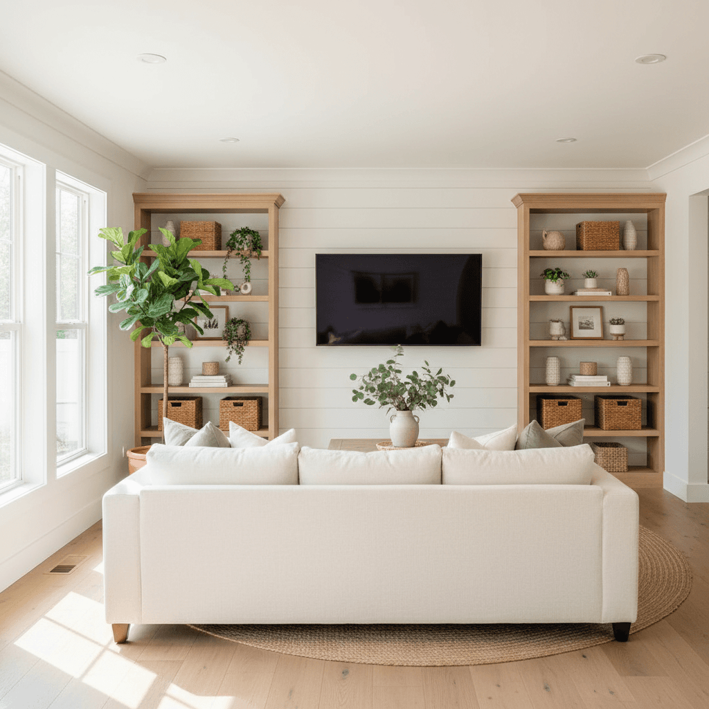 Living room with shiplap walls and built-in shelving