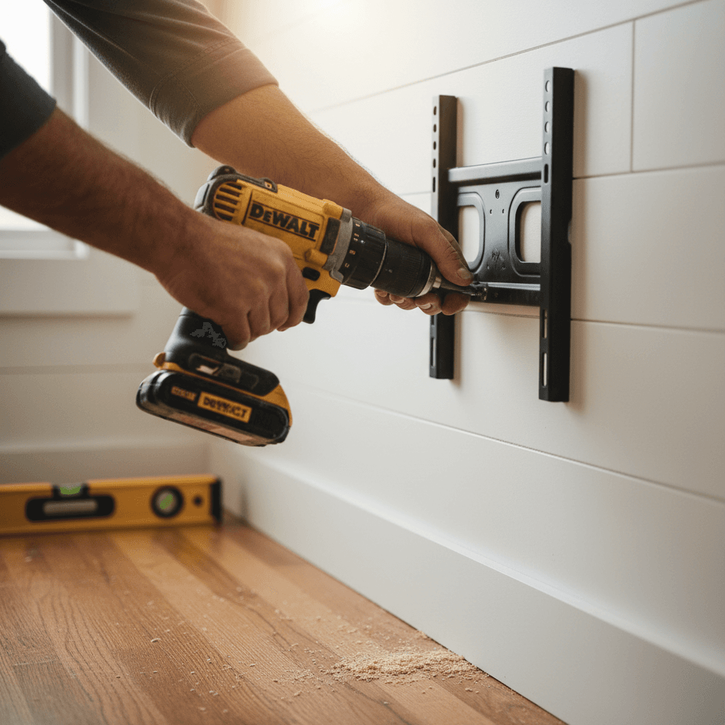 Contractor mounting a TV on a shiplap wall