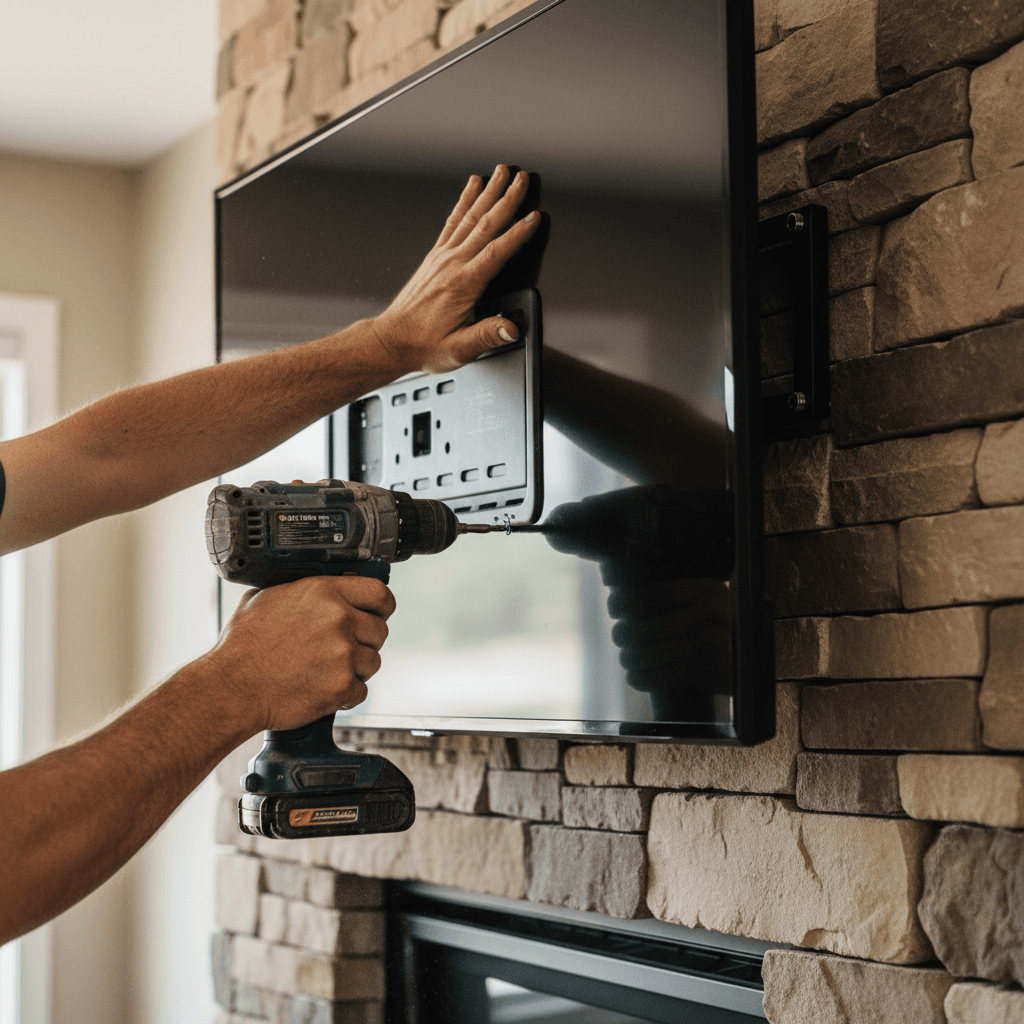 TV mounted above a stone fireplace