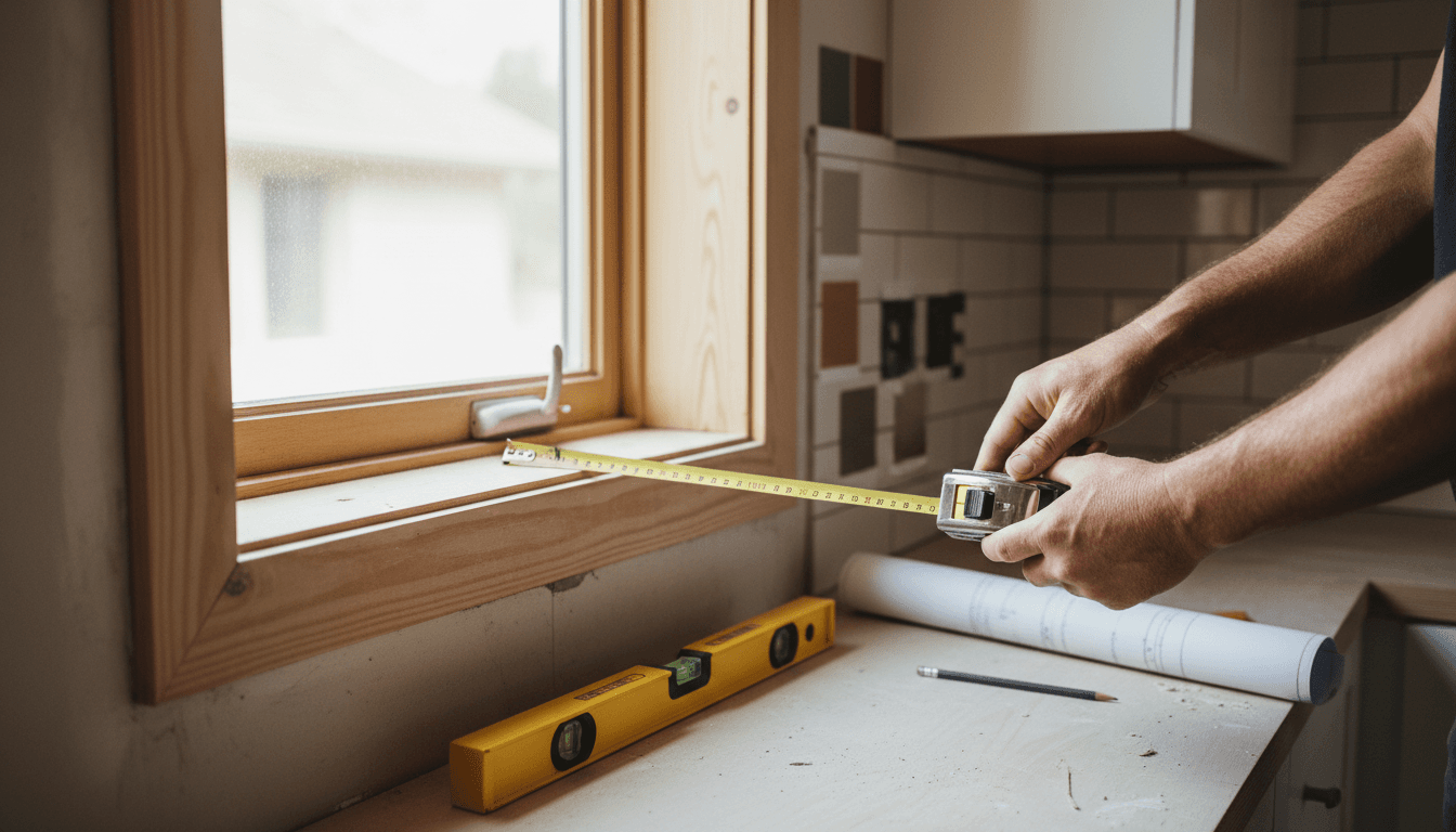 Handyman measuring a window frame during a kitchen remodel