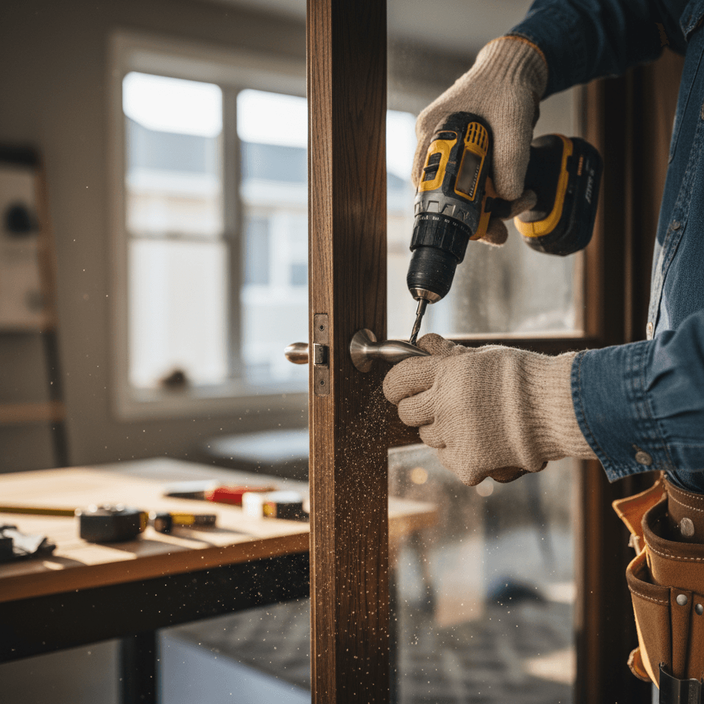 Handyman in a living room with tools and shelving unit