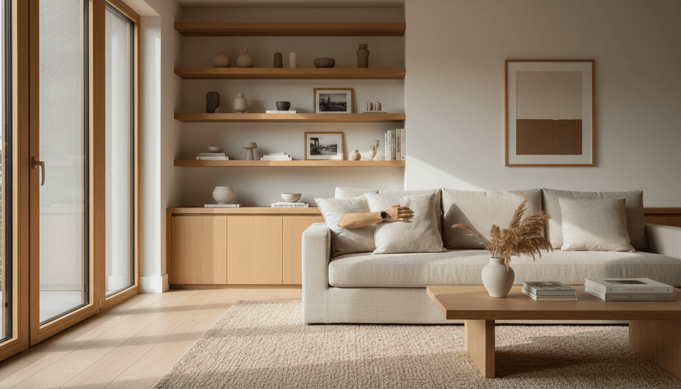 Bright renovated living room with shiplap walls and wood flooring