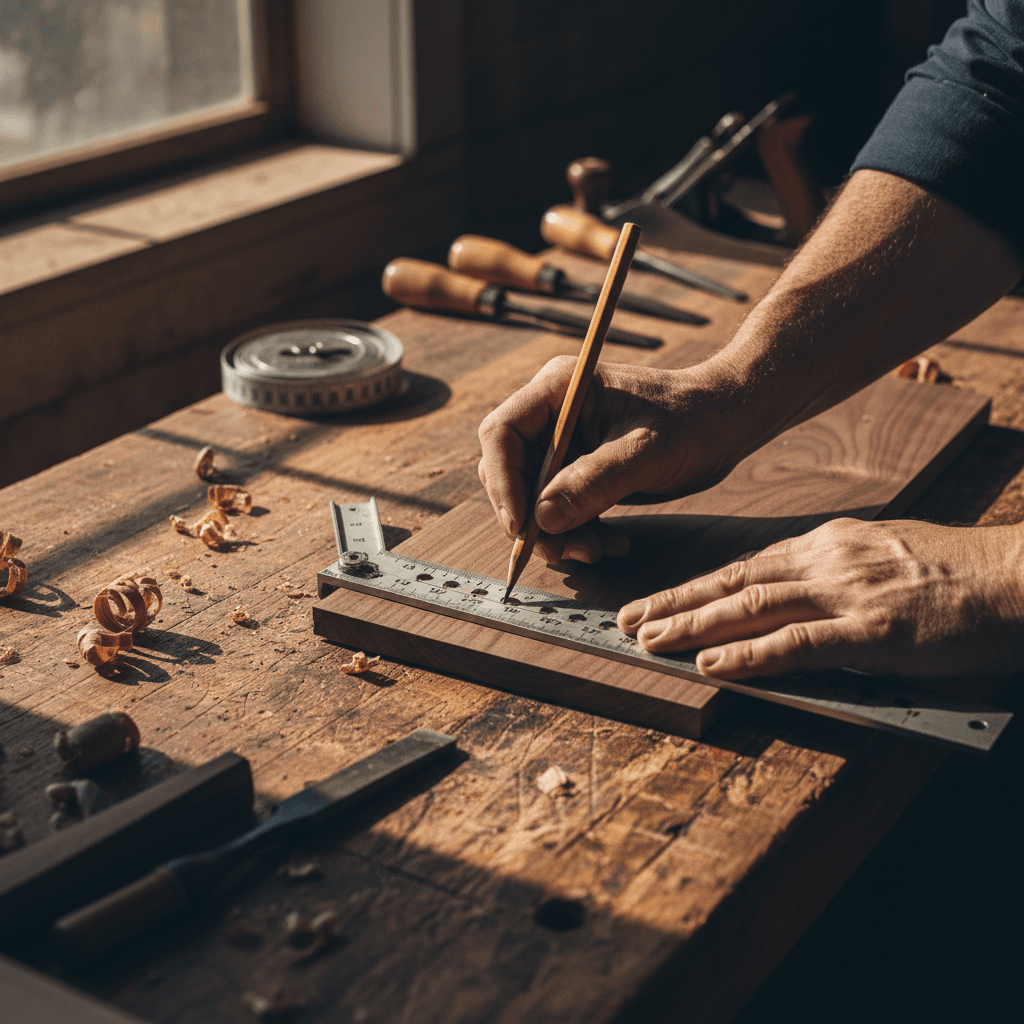 Close-up of hands measuring a wood plank during a kitchen install