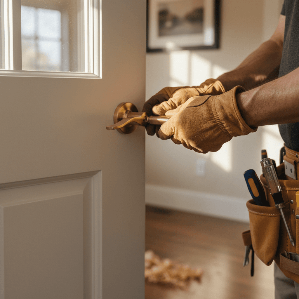 Handyman handing a written estimate to a homeowner in a newly renovated kitchen
