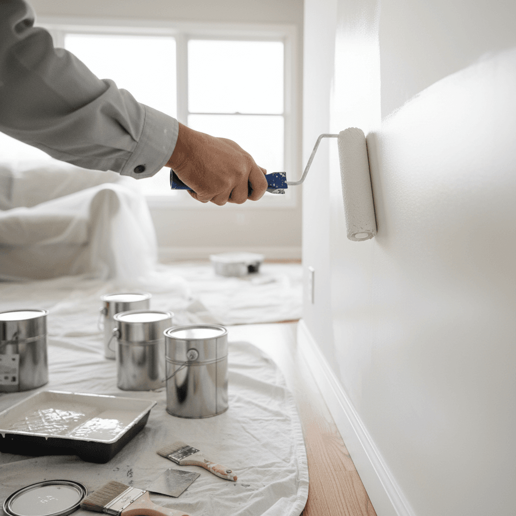 Painter's hands carefully applying white paint to interior wall with professional roller, natural light illuminating the brushwork technique