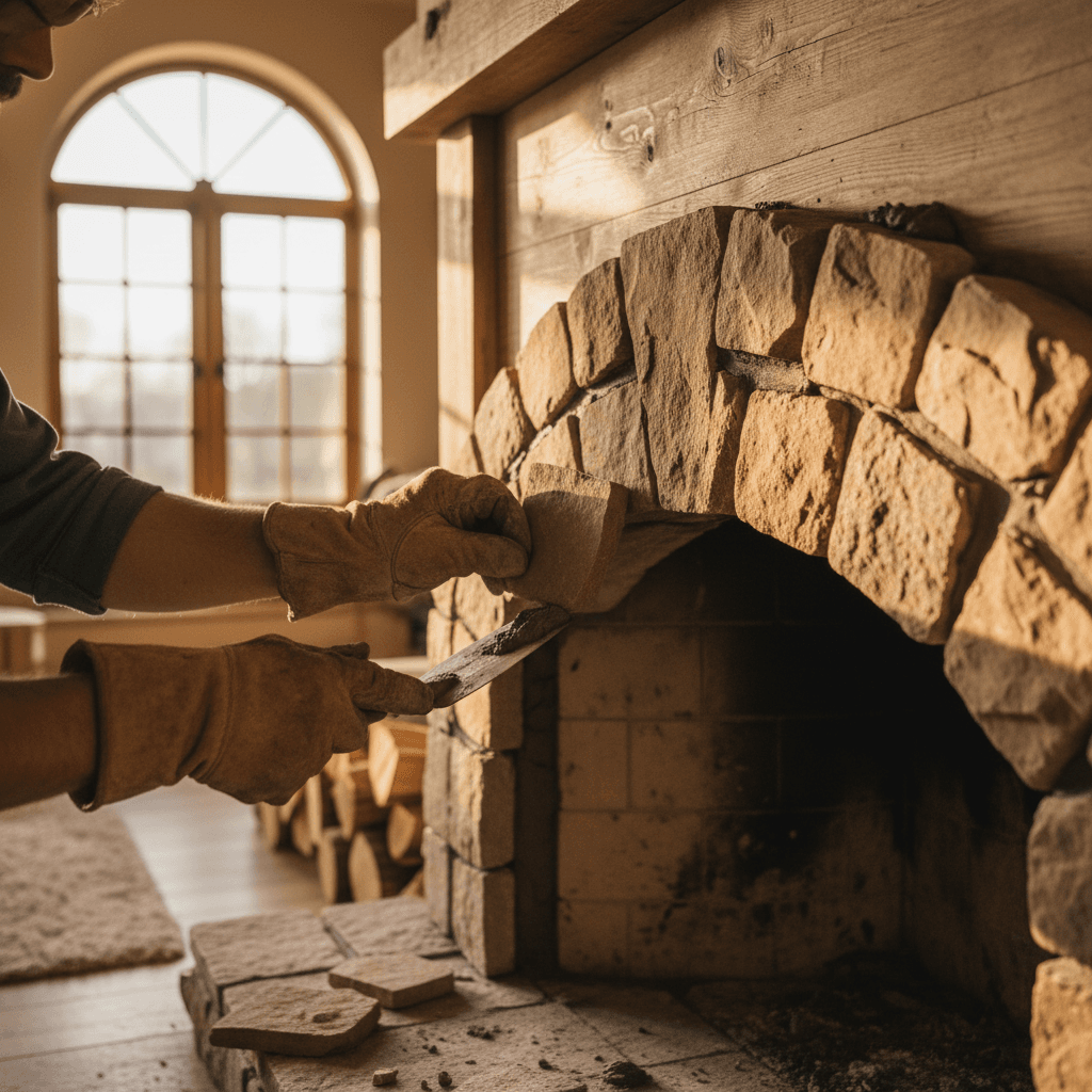 Contractor's hands installing a flat-screen TV on a shiplap wall above a fireplace