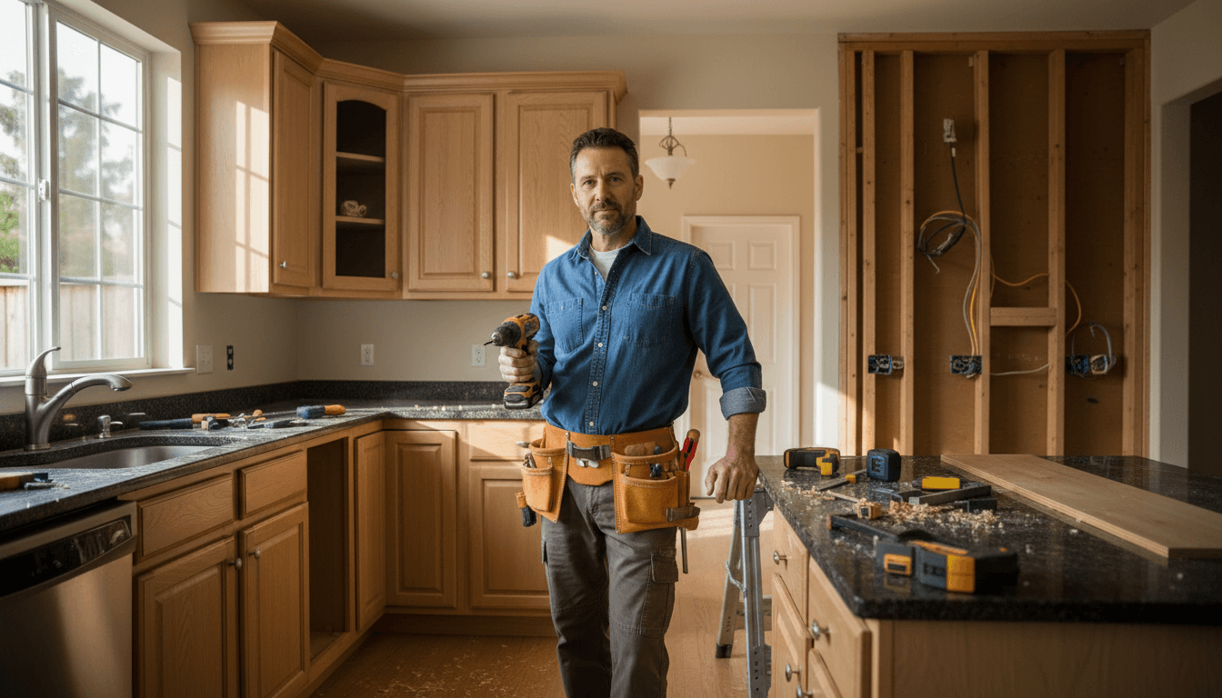 Handyman adjusting a cabinet door in a newly remodeled kitchen