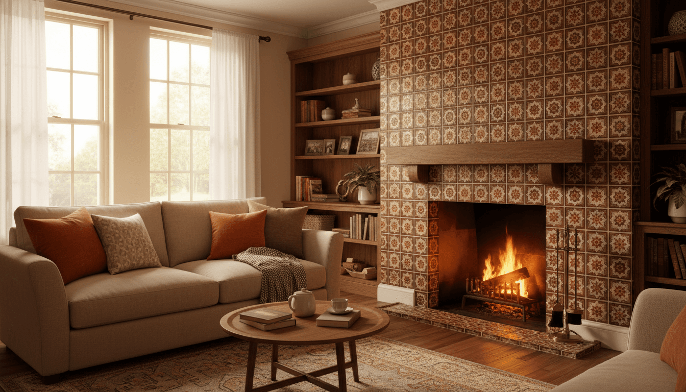 Living room with stone fireplace and TV
