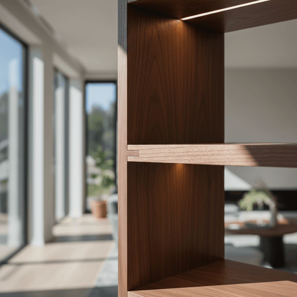 Custom wood shelving with baskets