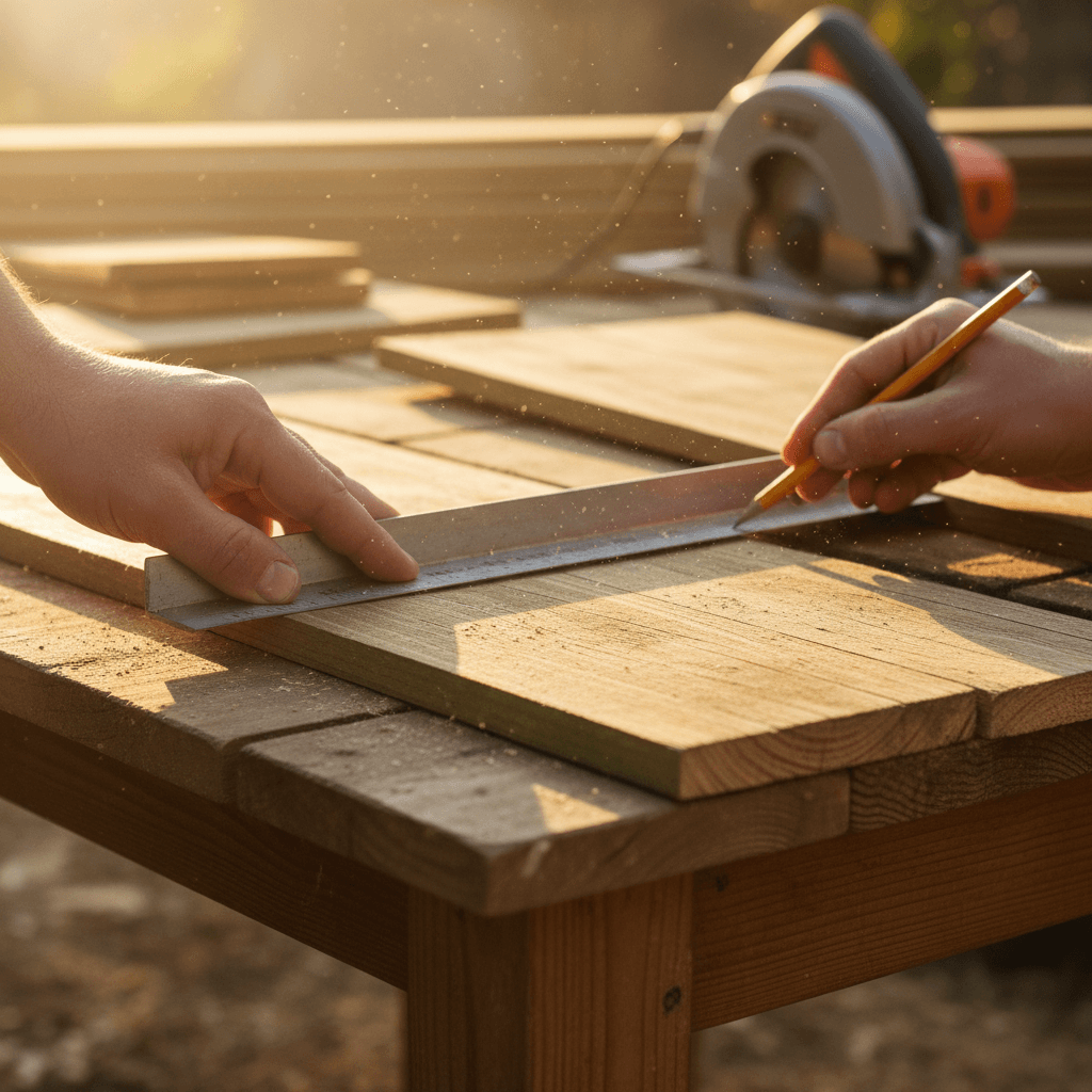 Handyman's hands in work gloves tightening a screw on a wooden deck railing