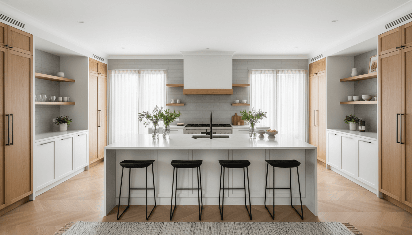 Freshly remodeled kitchen with white cabinets and butcher block counters